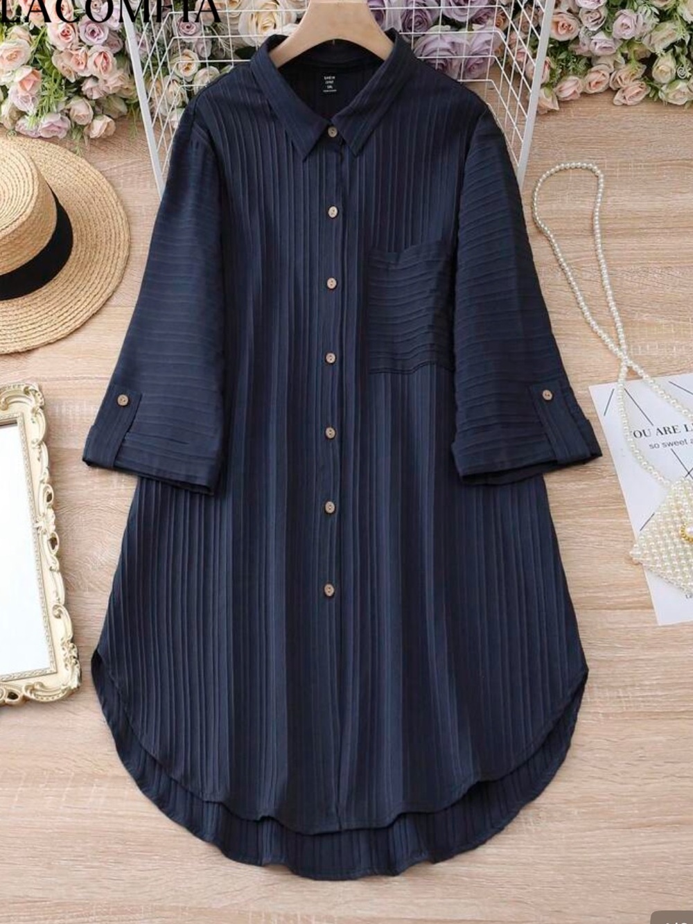 SHEIN Navy Blue Pleated Button-Down Tunic 2x